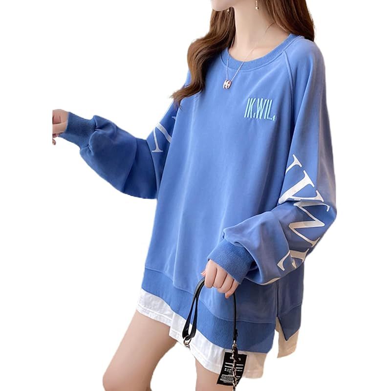 [エアバイ] レイヤード 重ね着風 ゆる ロンT スウェット ゆったり 袖ロゴ オーバーサイズ トップス レディース 春 着やせ デート ユッタリ スエットパジャマ 春服 シンプル 婦人用パジャマ 大