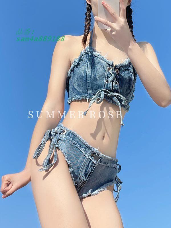 レディース 水着 ビキニ パッド付 デニム かわいい L オトナ女子 海 ブルー 温泉旅行 青 小胸 ビーチ S M プール セクシー 夏 am4a889188