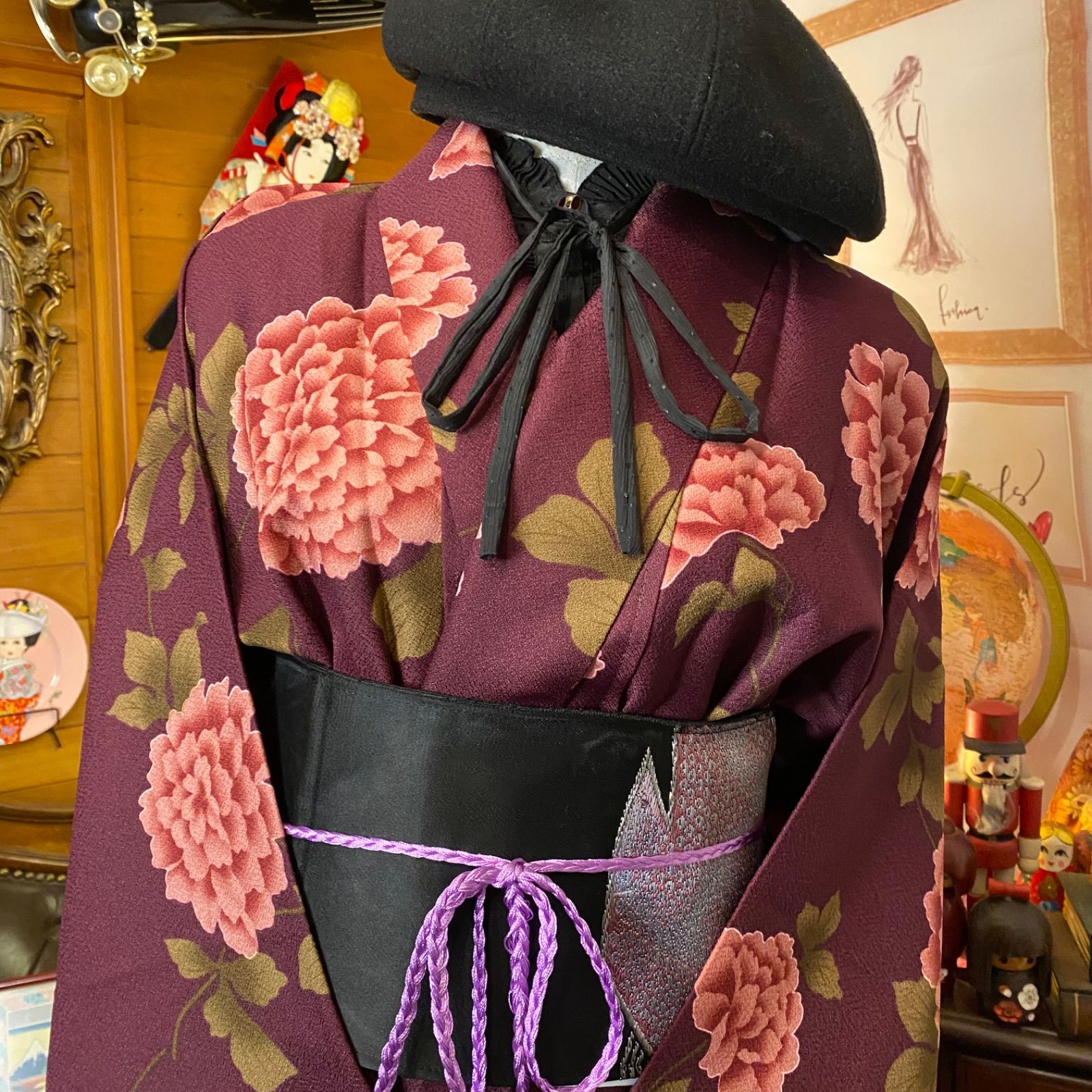 和洋折衷 着物 リメイク ロング 丈 ワンピース ドレス 洗える 化繊  