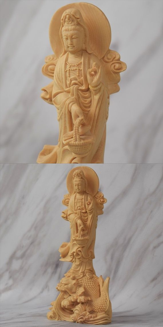 魚藍観音菩薩像 木彫 木製 仏像 仏教 置物 魚籃観音 立像 高さ42cm 榧製 木彫り 仏像 : 仏像と縁起物の専門