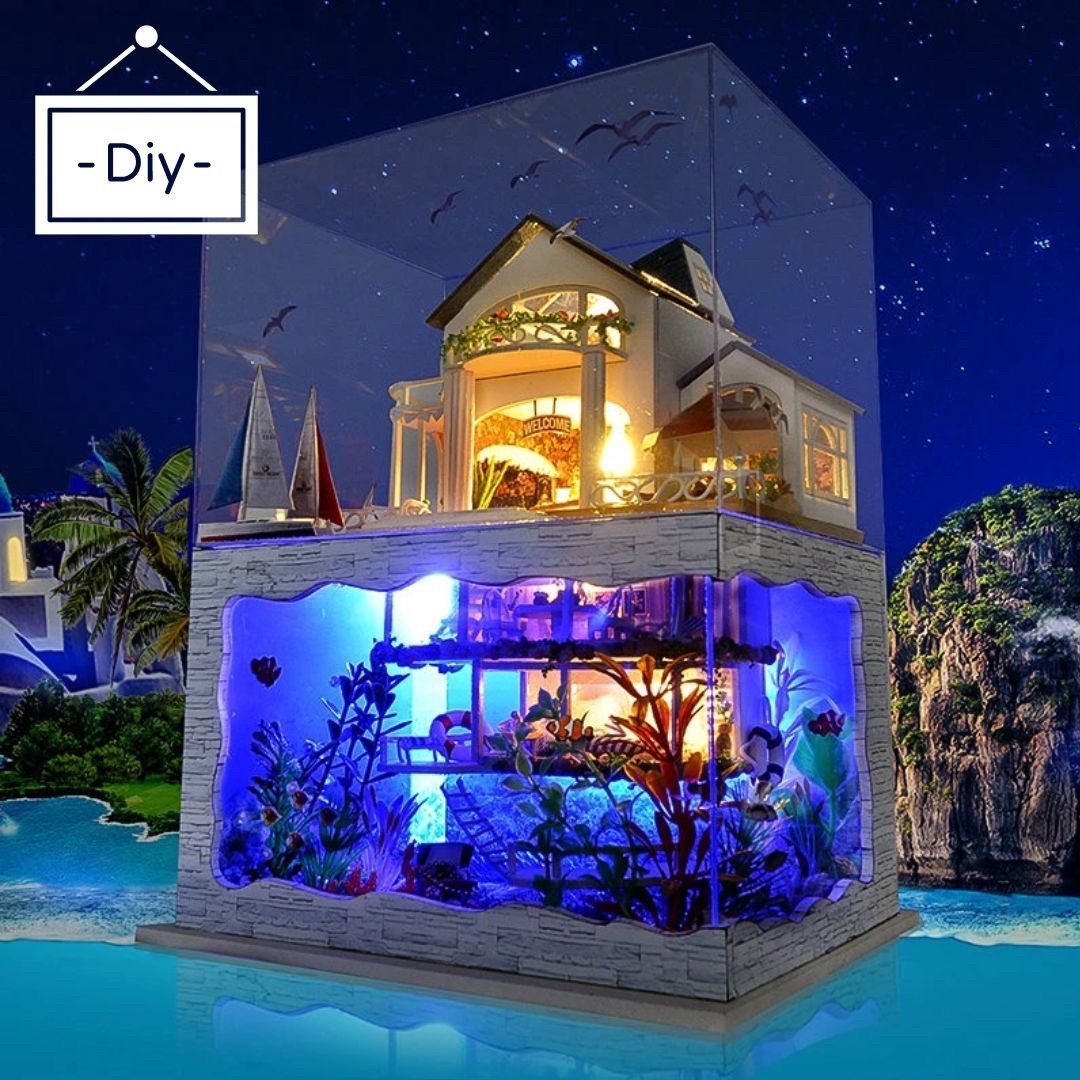 DIY 海の家 ミニチュアドールハウス LEDライト 組み立てキット 自分で 