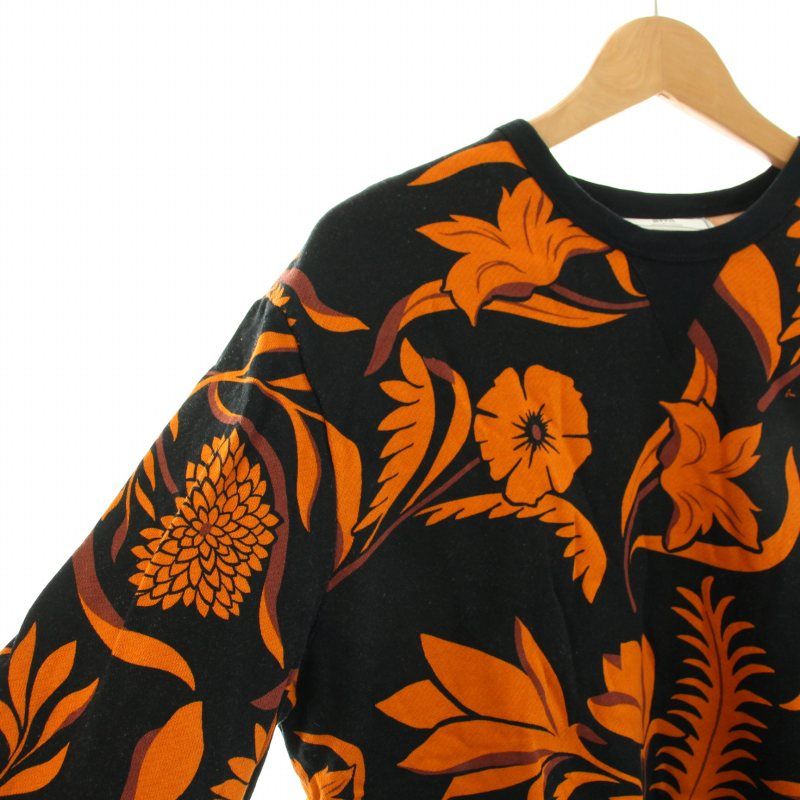 アミ アレクサンドル マテュッシ ami alexandre mattiussi トロピカルプリントスウェット tropical print  sweat トレーナー クルーネック 長袖 Vガゼット 花柄 裏起毛 M 黒 ブラック オレンジ /YT