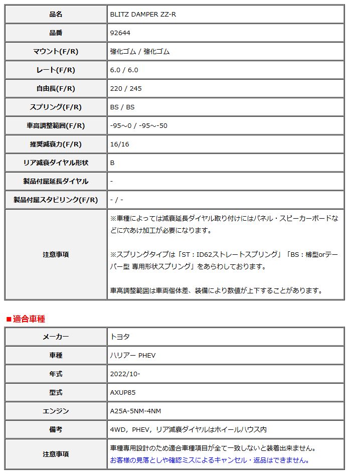 BLITZ ブリッツ 車高調 DAMPER ZZR ハリアー PHEV AXUP85 2022/10
