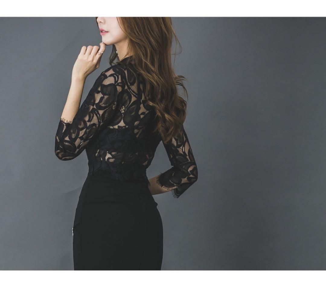 魅力的??ひざ丈タイトワンピース レース切り替えパーティー