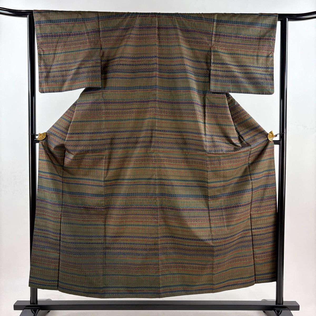 小紋 身丈155cm 裄丈63cm S 袷 紬地 縞 幾何学模様 茶緑色 正絹 秀品