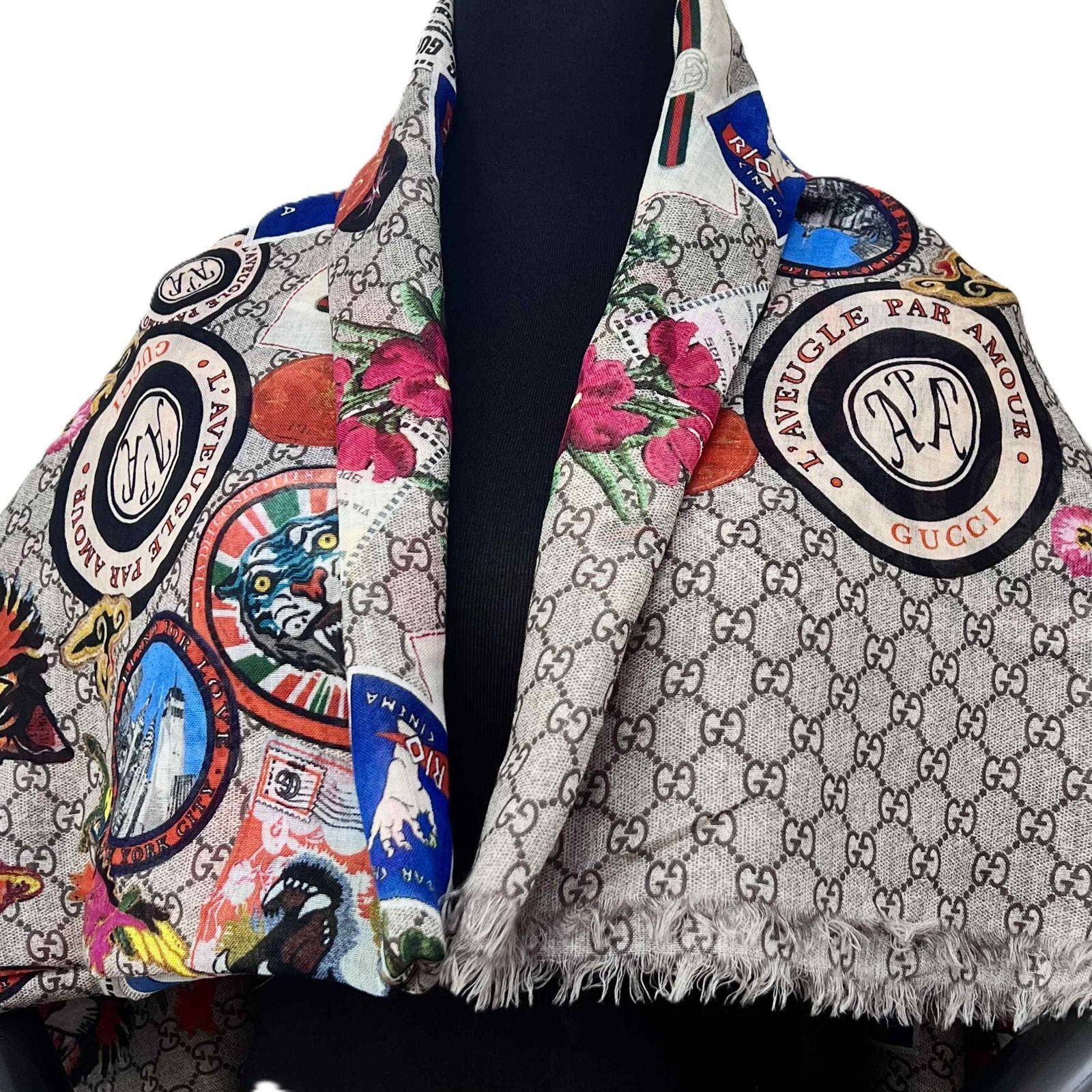 GUCCI グッチ GG柄 ウール ロゴプリント 大判 ストール 574993 マルチ 