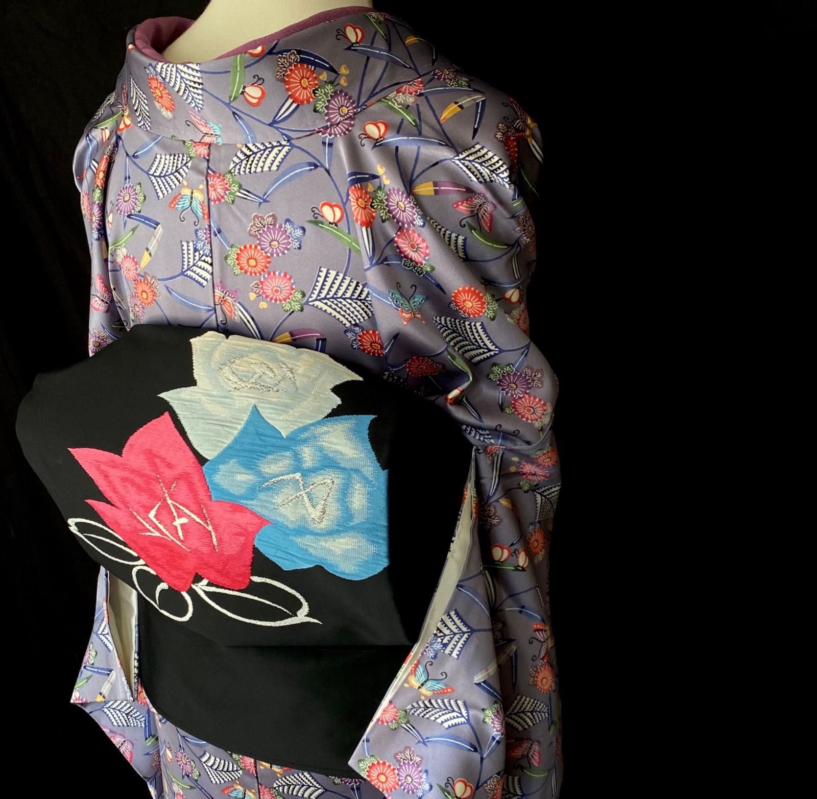 花に蝶?の小紋〉SALE L 紫味のグレー 洋服感覚の着物 普段着着物 