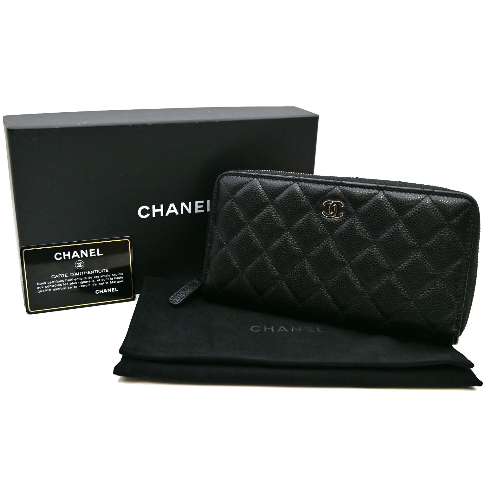 CHANEL シャネル キャビアスキン キルティング マトラッセ ジッピーウォレット ブラック