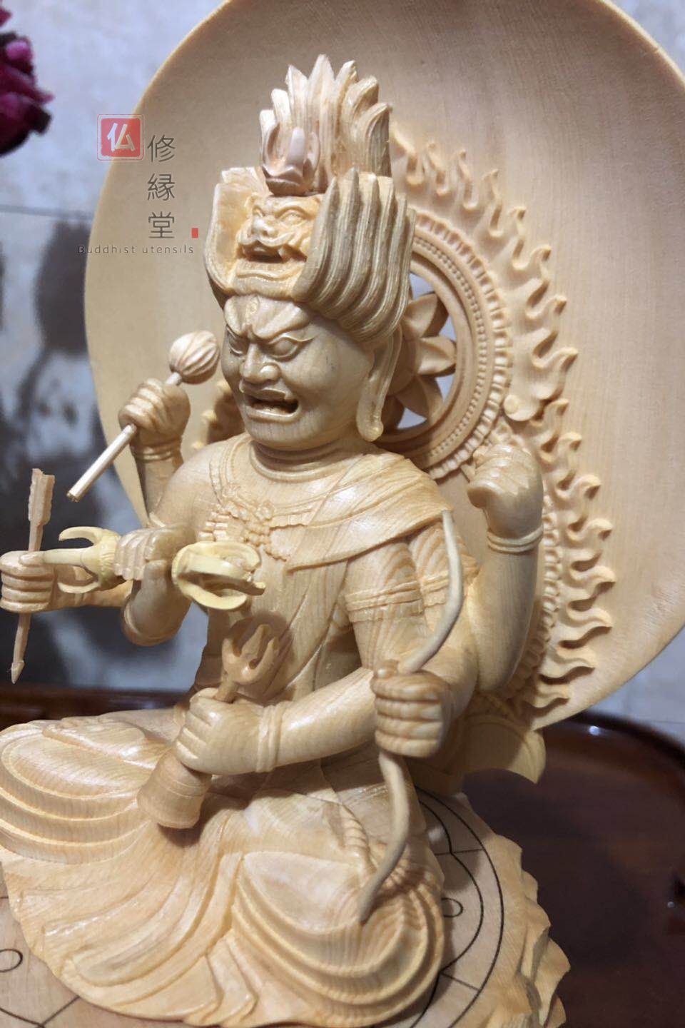修縁堂】最高級 木彫り 仏像 愛染明王座像 一刀彫 天然木檜材 彫刻 