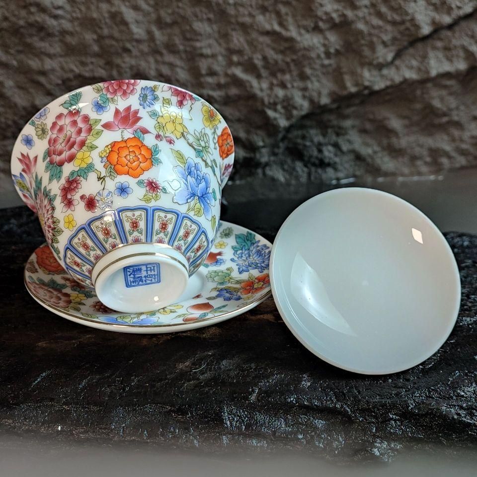 蓋付き茶器 景徳? 中国茶器 万花琺瑯彩三才蓋碗 新品未使用 煎茶器 陶磁茶碗 琺瑯万花三才蓋碗 中国茶器 飲茶食器 未 煎茶具 工芸品