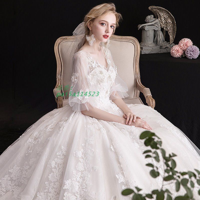  ウェディングドレス ウエディングドレス ロングドレス 二次会 結婚式 前撮り ブライダル プリンセスドレス トレーン 編み上げ 花嫁 レース パフスリーブ pai 5 a 114523 その他 ブライダル小物