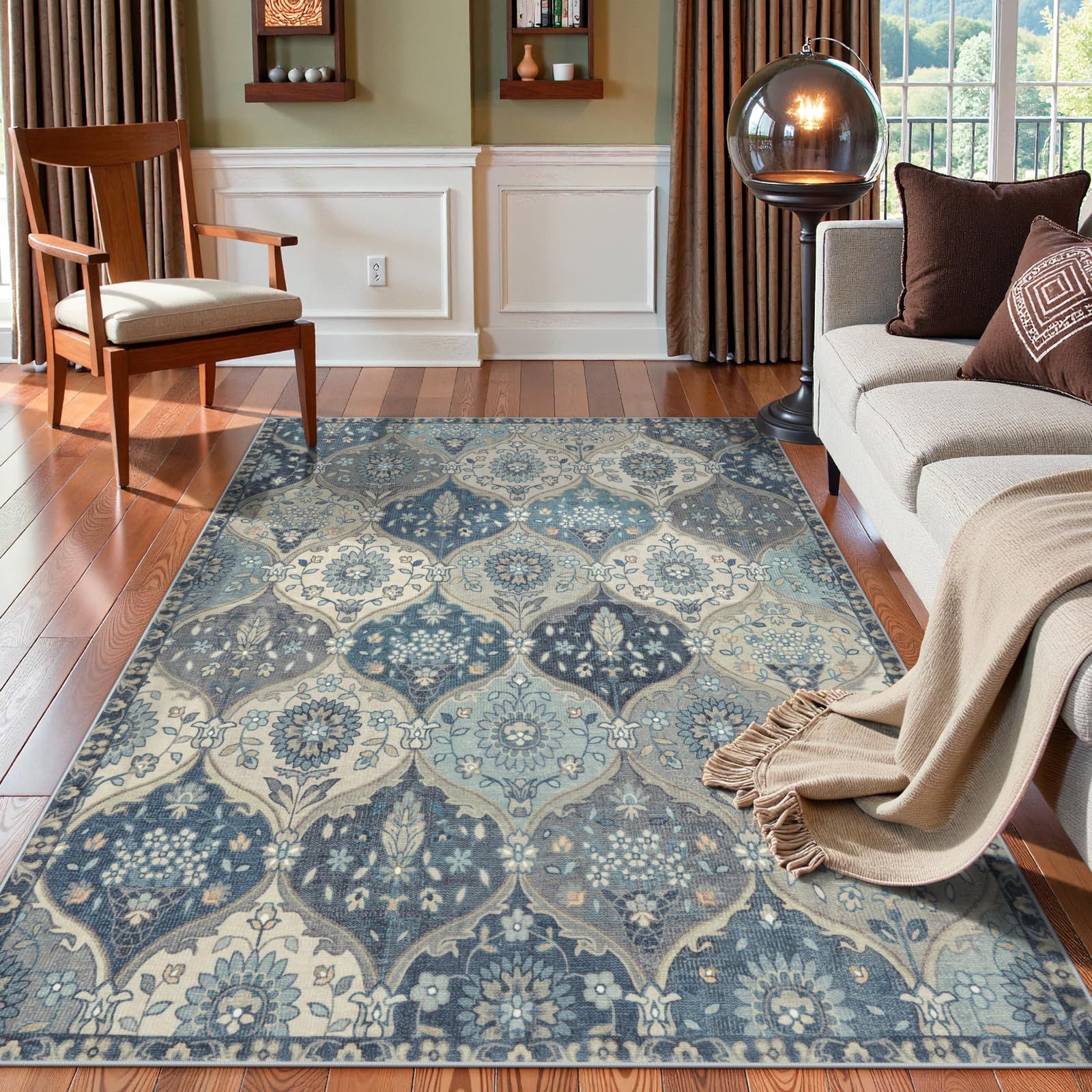 HAOCOO ラグ カーペット 洗える 140×200cm ホットカーペット対応 絨毯 モロッコ柄 ラグマット 1.5畳 ふわふわ オールシーズン適用 滑り止め 防ダニ 防臭 防音 リビング ダイニングマット アンティーク ペルシャ風 ブルーグレー