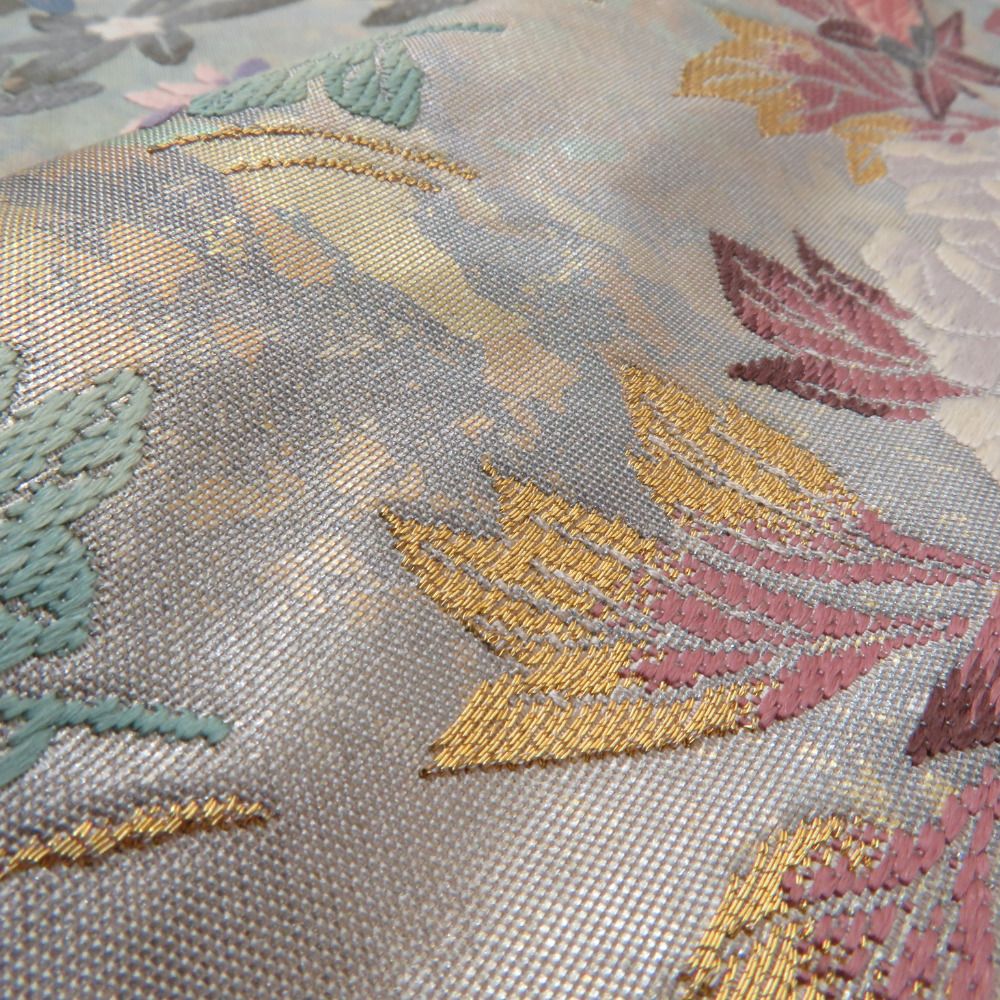 袋帯 正絹 金糸銀糸 パステル系 花々文様 緑色ｘピンク色 刺繍入り 六通柄 フォーマル 礼装 長さ440cm【中古】 【キモノオフ野々市若松店】 袋帯 正絹 金糸銀糸 パステル系 花々文様 緑色xピンク色 刺繍入り 六