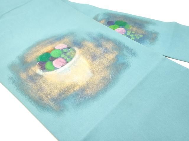 平和屋着物●塩瀬 九寸名古屋帯 手描き 陶器成り物文 縹色 金彩 正絹 DAAY0143ob