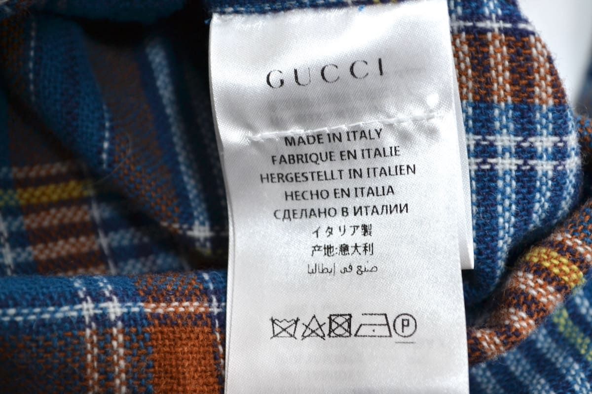 GUCCI バードエンブロイダリーチェックシャツ ブルーｘブラウン サイズ