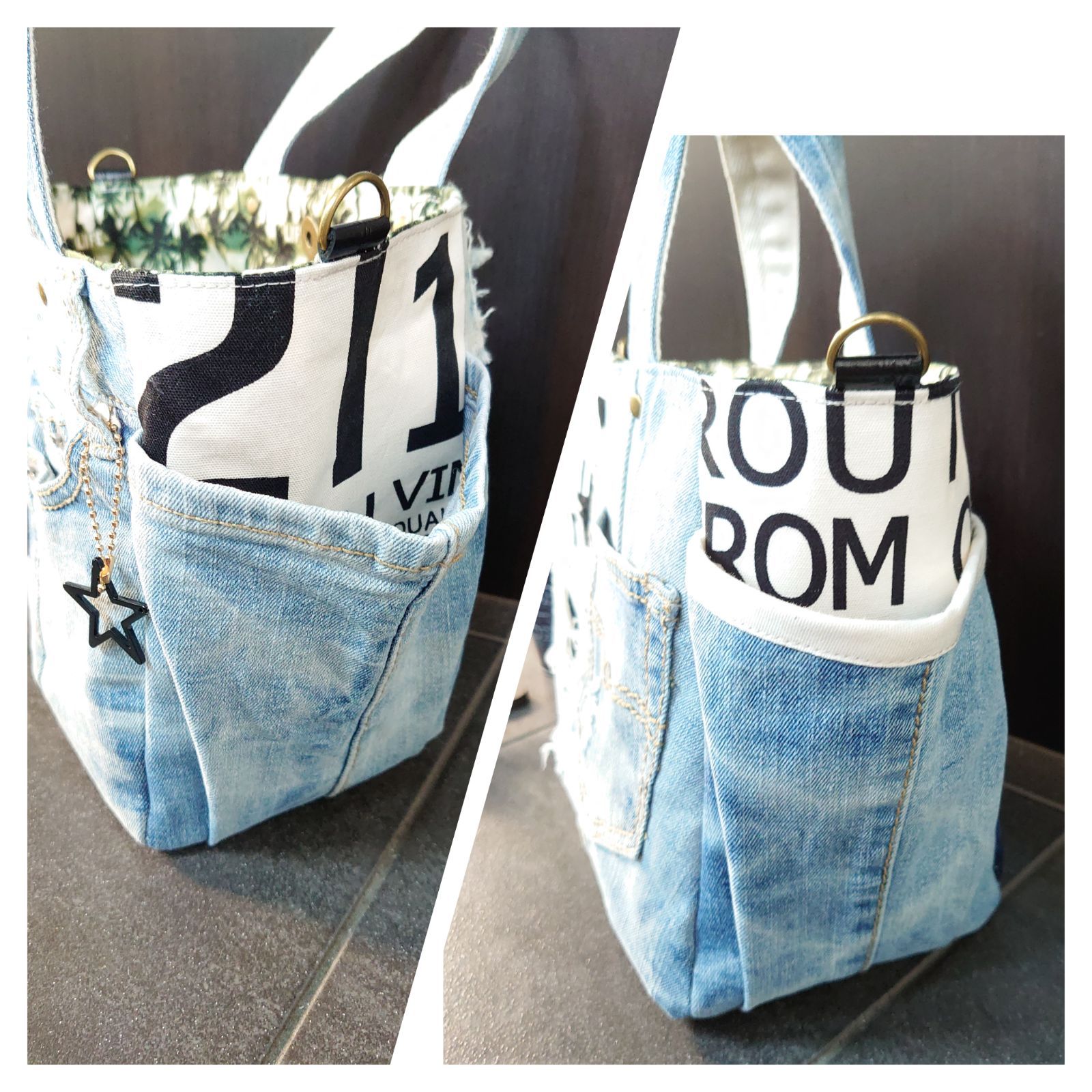 SOLD OUT☆デニム×ラメフリンジ♡ キャンバストートバッグ デニムリメイク トートバッグ フリンジデニム #デニムリメイク