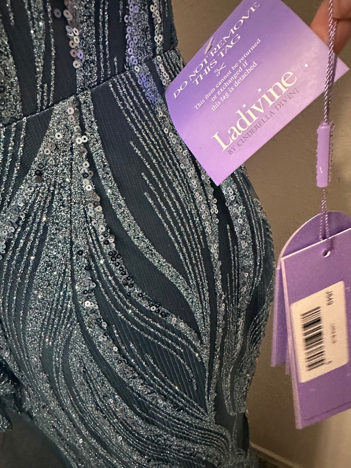 シークインレースシフォンラッフルスカートロングドレスブルー