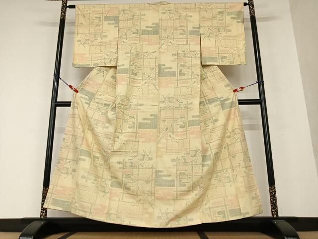 平和屋着物○本場結城紬 重要無形文化財 100亀甲 風景枝梅文 正絹 逸品