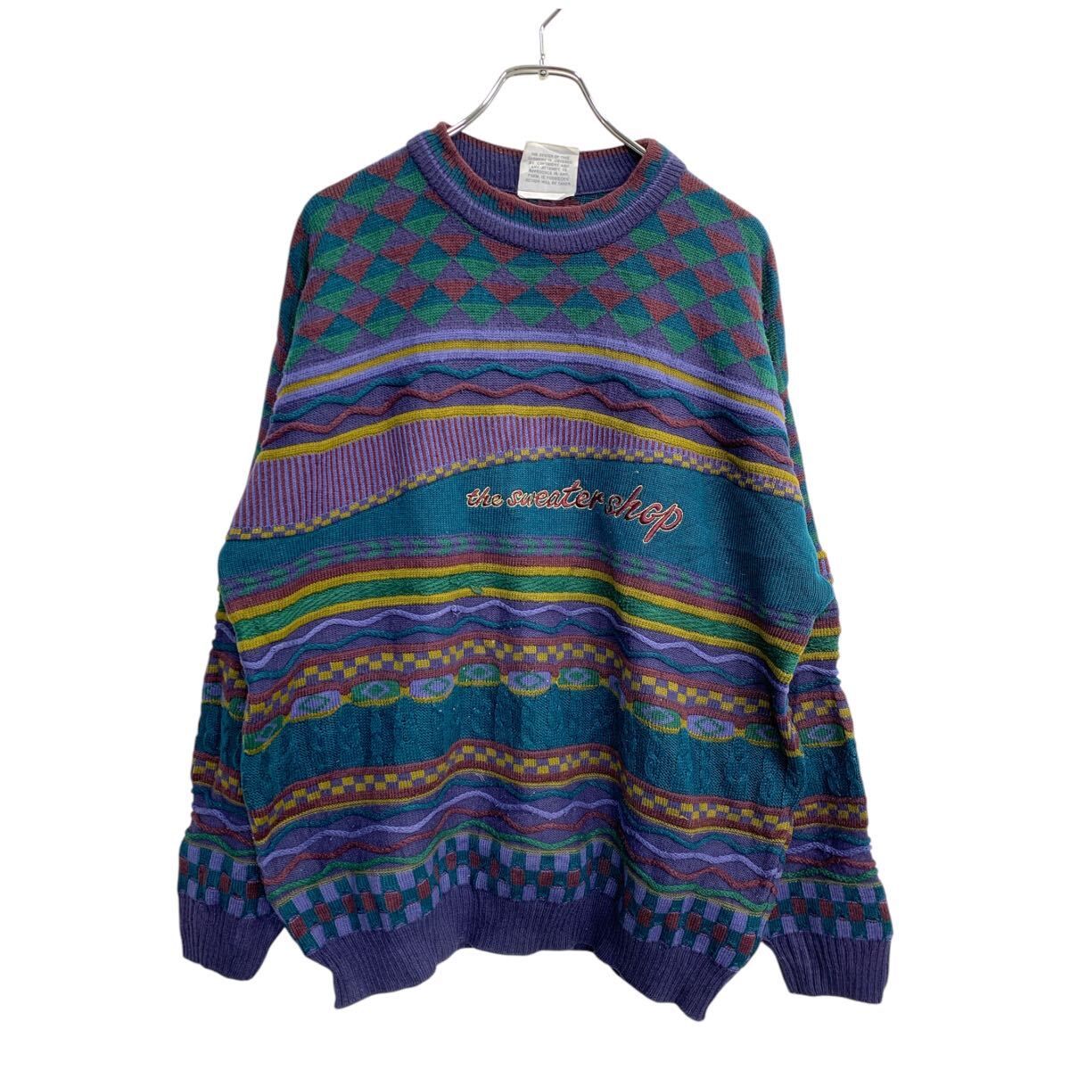 THE SWEATER SHOP ニット セーター Lサイズくらい 総柄 パープル系 アクリル 古着卸 アメリカ仕入 t2411-3433