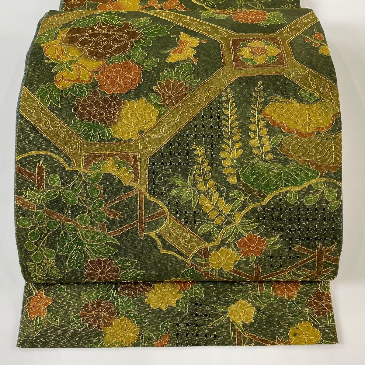 袋帯 蜀江文 草花 金糸 刺繍 緑 全通 正絹