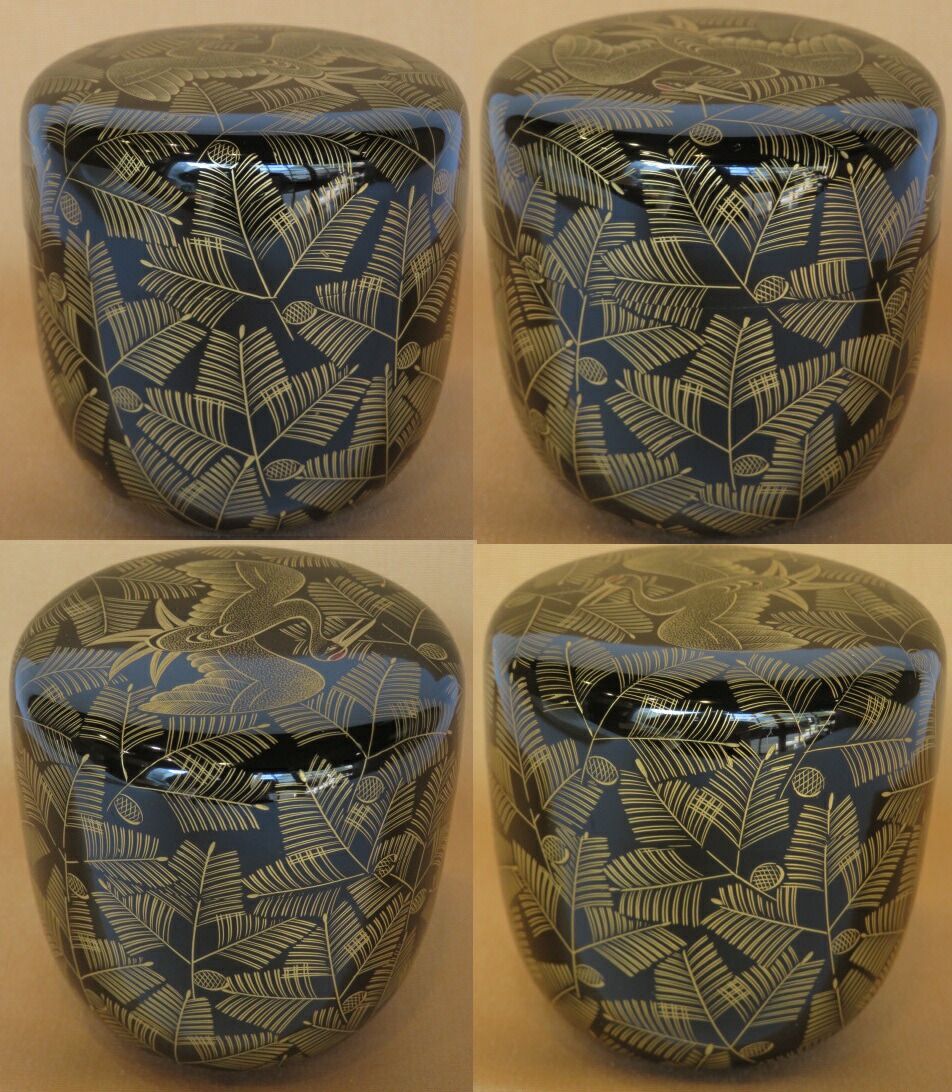 三月◇特売品）輪島塗 前志芸男作 沈金若松に鶴画 黒漆大棗USED〈税込