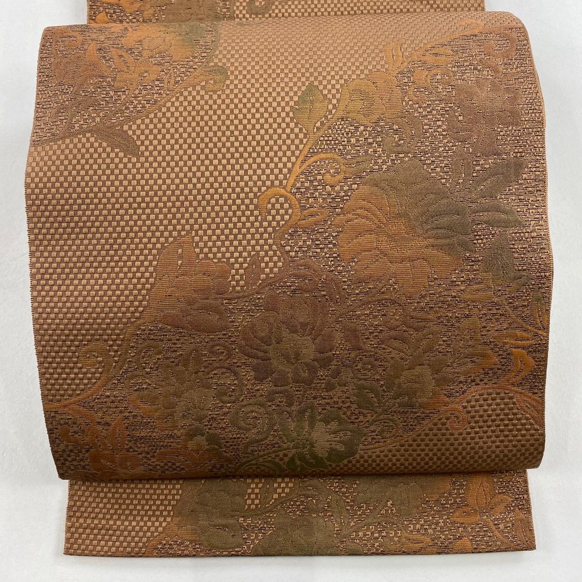 美品】 名古屋帯 優品 八寸名古屋帯 トンネル仕立て 花唐草 茶色 正絹