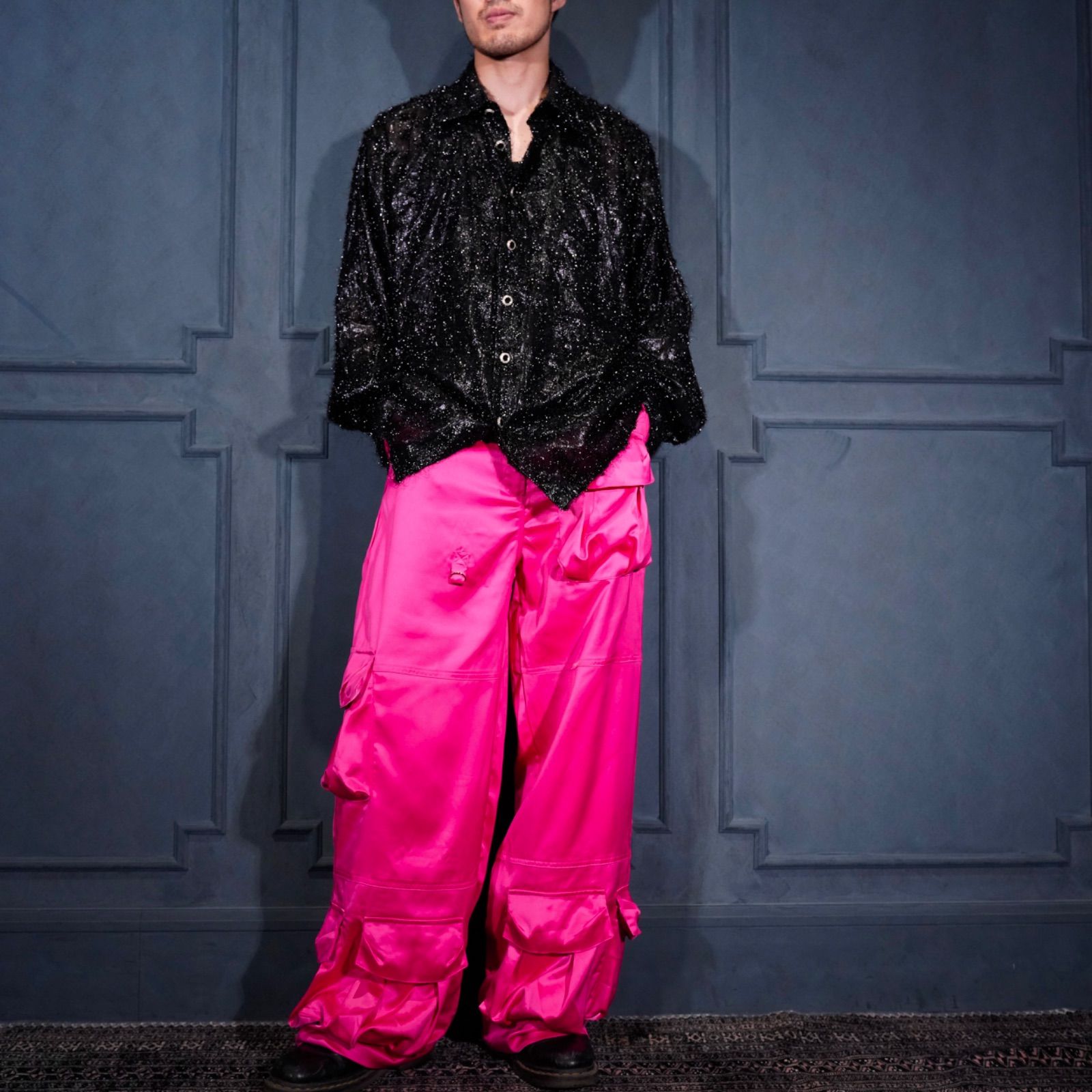 USA VINTAGE LILIZETTE COLLECTION PINK COLOR WIDE FLARE SATIN CARGO PANTS|アメリカ古着ピンクカラーワイドフ サテンカーゴパンツ