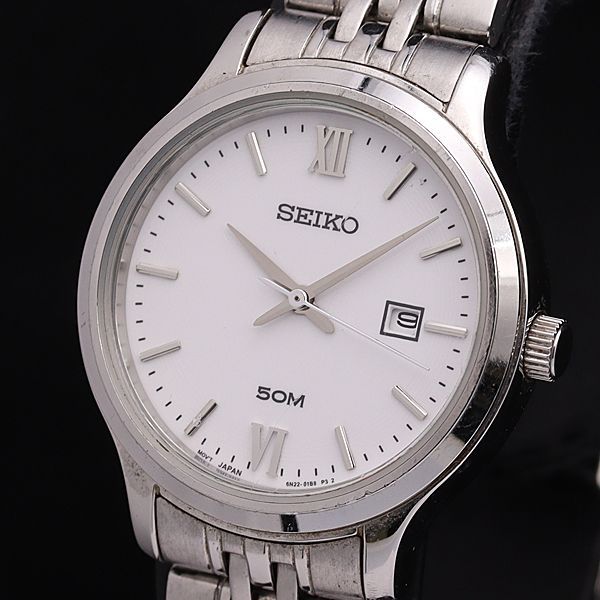 稼動 QZ セイコー 6N22-00E0 50m デイト 白文字盤 レディース