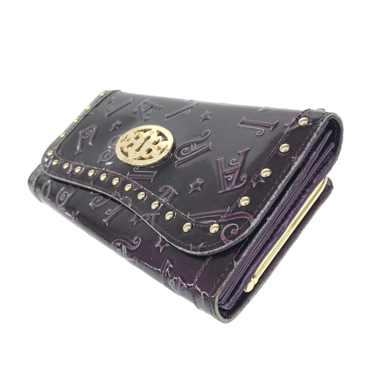 美品 ANNA SUI アナスイ 二つ折り長財布 財布   パープル エナメル レディース ハリー/アルファベットロゴ/口金/スタッズ　240001148294 美品 ANNA SUI アナスイ 二つ折り長財布 財布 パープル エナメル