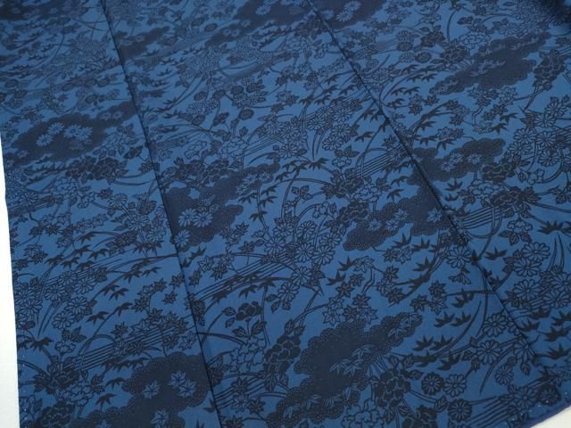 平和屋着物▽上質な小紋 単衣 藍 型染め 雲取り草花文