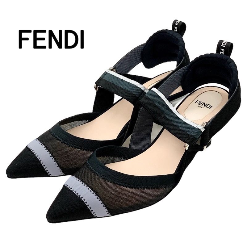 未使用 フェンディ FENDI コリブリ パンプス メッシュ ブラック 黒 シルバー サンダル メタリックヒール スリングバック 靴 シューズ