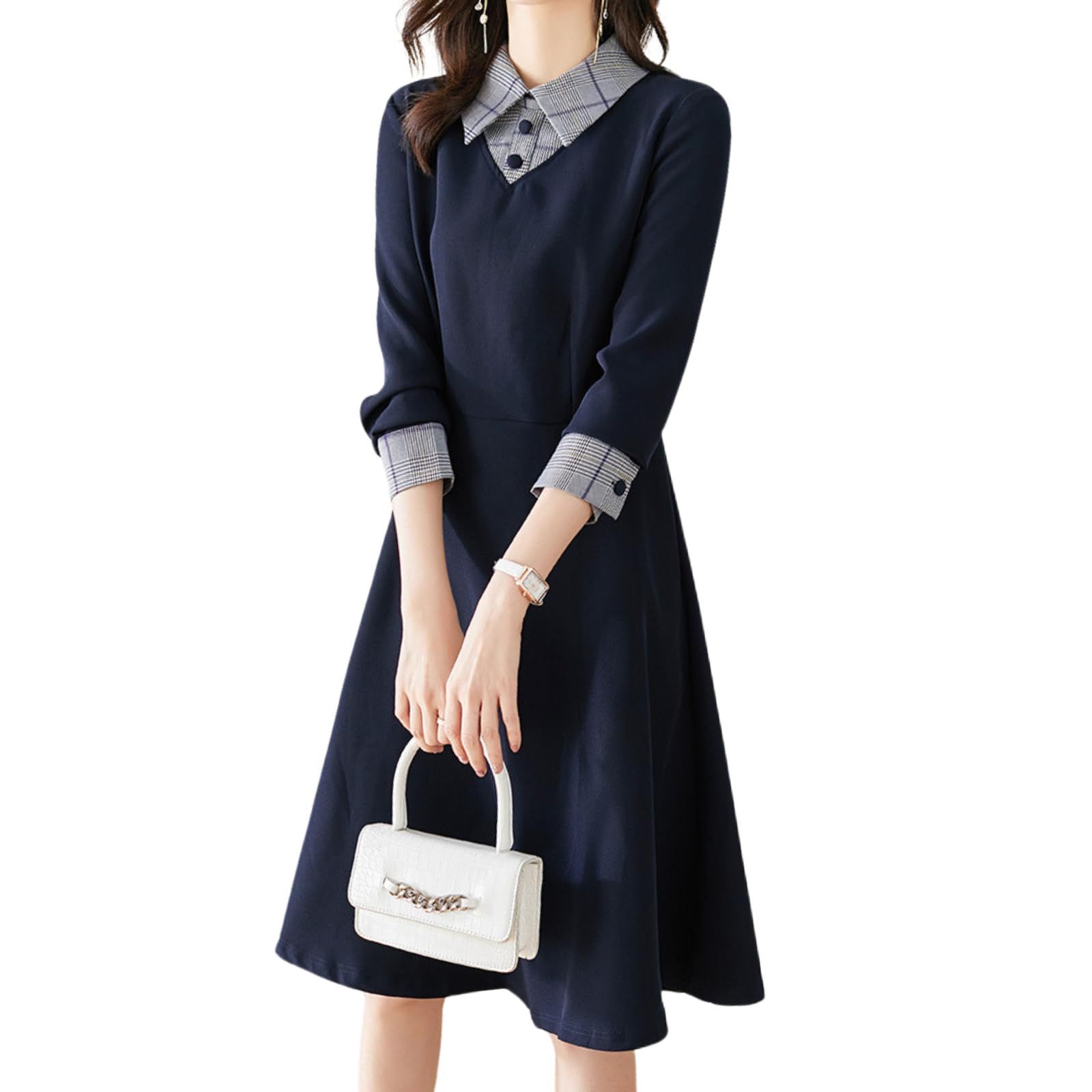 Size L_Color ネイビー ワン アンブ ワンピース レディース きれいめ フォーマル チェック柄 膝丈 おしゃれ フォーマルワンピース 卒業式 入学式 卒園式 入園式 L