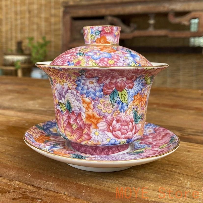 中国茶器 景徳鎮 琺瑯彩万花馬蹄三才蓋碗 茶杯 煎茶器 新品未使用