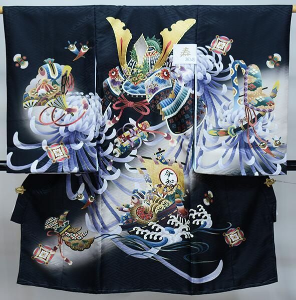 お宮参り 産着 男児 男の子 のしめ 金刺繍 綸子地 合繊 黒地 祝着 NO36345