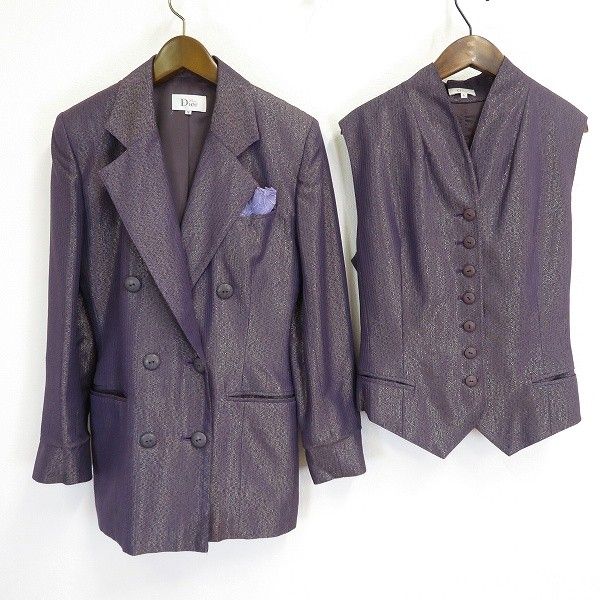a ミスディオール Miss Dior ジャケット ベスト セット M L 紫系 ストライプ シルク混 ラメ ダブル チーフ付き ヴィンテージ 934219 k01