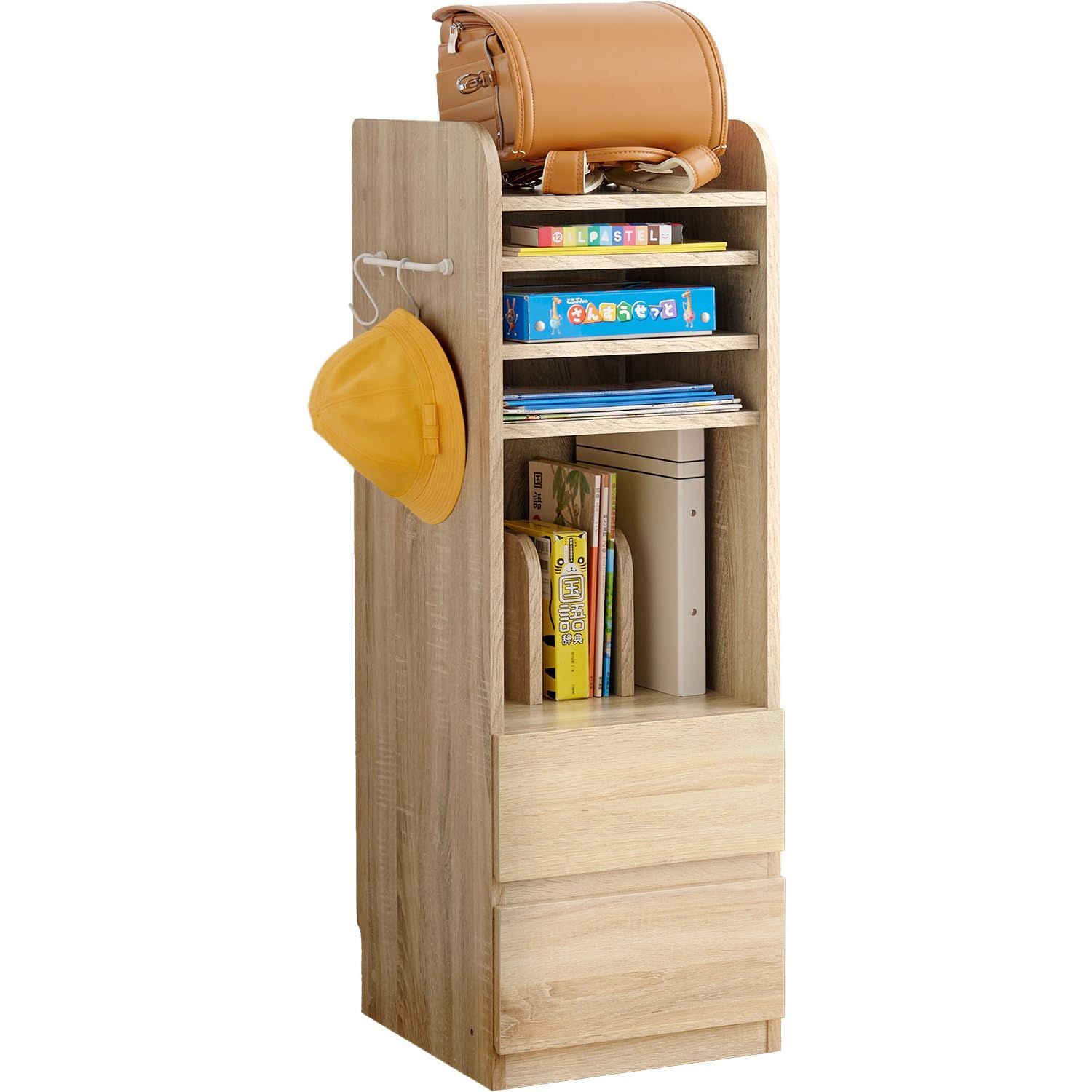 萩原 ランドセルラック 収納 教科書 ラック A4 ファイル 対応 本立て 隠しキャスター 付き 幅35 奥行41.5 高さ107 ナチュラル RCC-1640NA