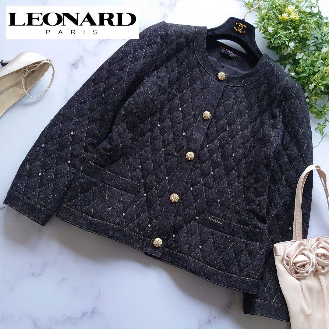 LEONARD レオナール ラインストーン ビジュー キルティング シルク ノーカラージャケット 中綿 サイズM 9 長袖 黒 ブラック デニム アウター コート レディース