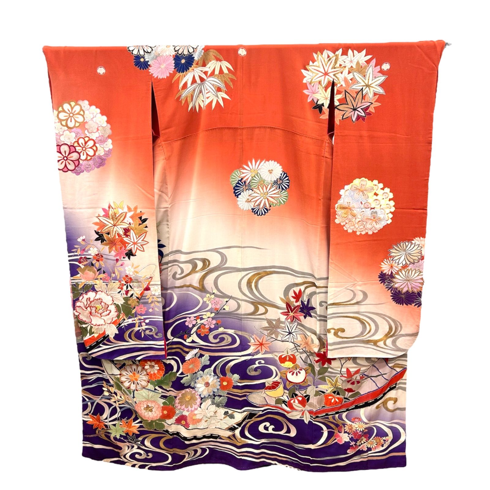 秋冬 美品 正絹 着物 袷 152㎝ 銘仙 紫 薔薇 バラ アンティーク 個性的