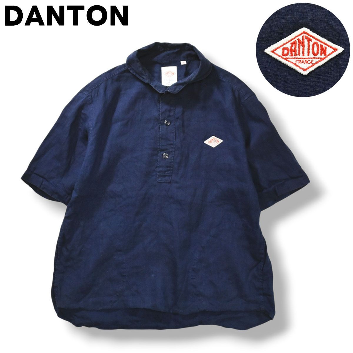 未使用品 DANTON リネン プルオーバーシャツ 半袖 42 ネイビー (2) 清涼】 ダントン DANTON プルオーバー 半袖 リネンシャツ 麻