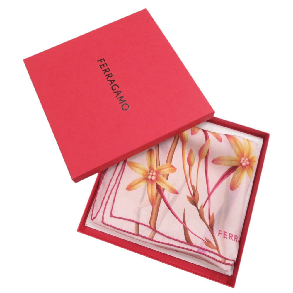 サルヴァトーレフェラガモ 花柄 シルク ピンク スカーフ 0941