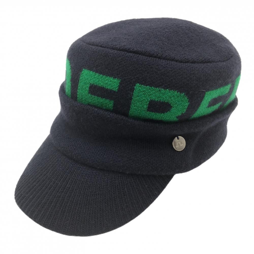 【美品】ジェイリンドバーグ ニットワークキャップ ネイビー×グリーン ビッグロゴ 表記なし  ゴルフウェア J．LINDEBERG