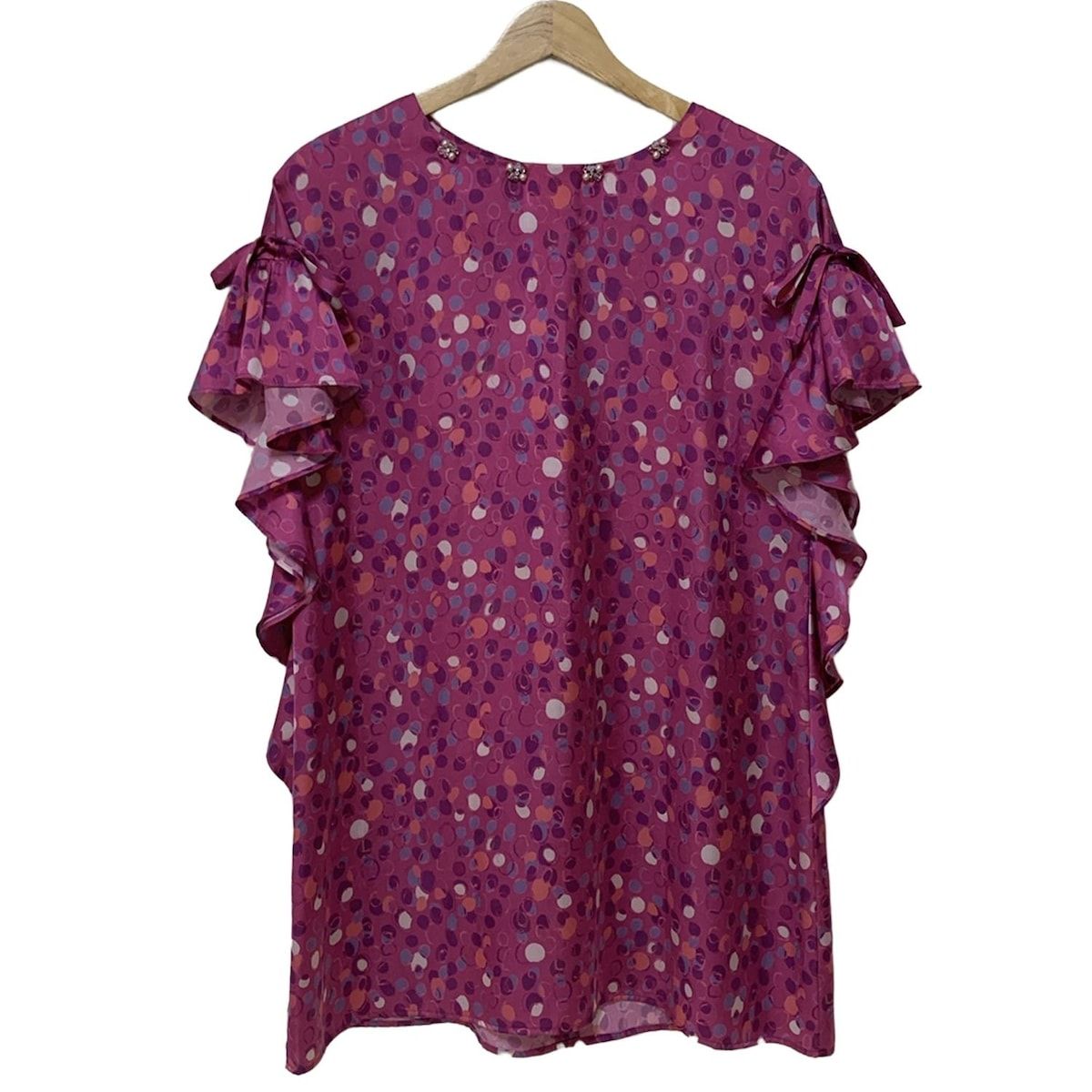 Austin Reed オースチンリード チュニック サイズ38 L レディース - ピンク×パープル×マルチ クルーネック|半袖|ドット柄|フリル|ビーズ