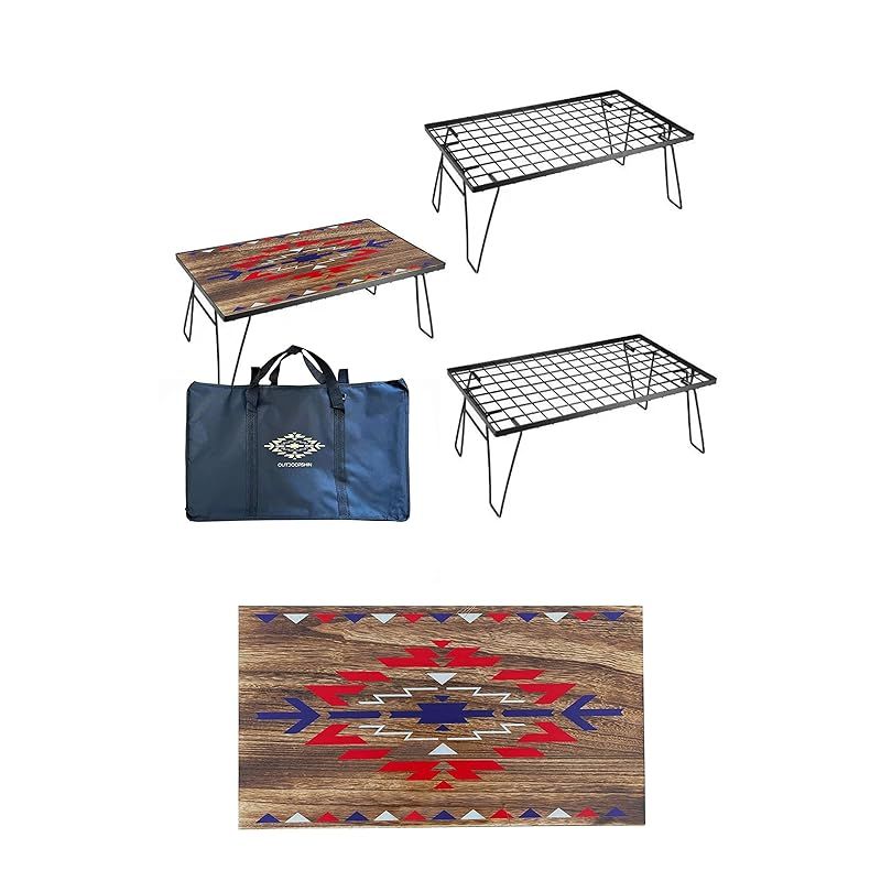 OUTDOORSHIN フィールドラック オルテガ柄 天然木製天板 マルチラック 収納ラック キャンプ アウトドアテーブル 折りたたみ テーブル 黒メッキスチール製 収納ケース付き