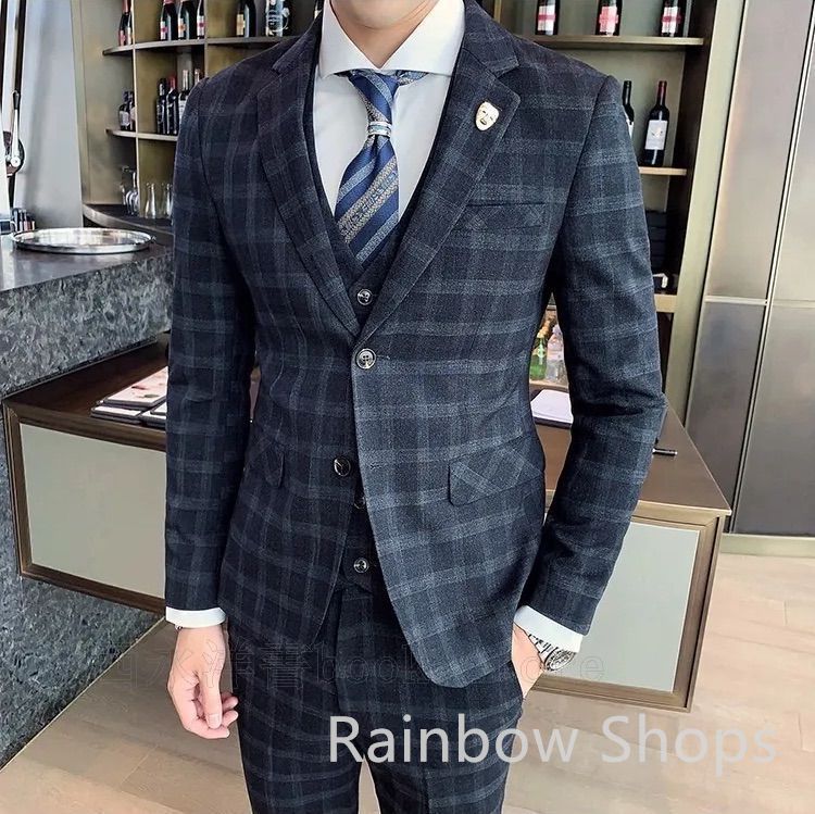 スーツ ビジネススーツ メンズ 3点セット 上下 チェック柄 ドレススーツ スリーピース ビジネス 小さい 大きい 大きめ s m 春 夏 秋 冬 インナー ウエスト調整 上着 おしゃれ 大きいサイズ