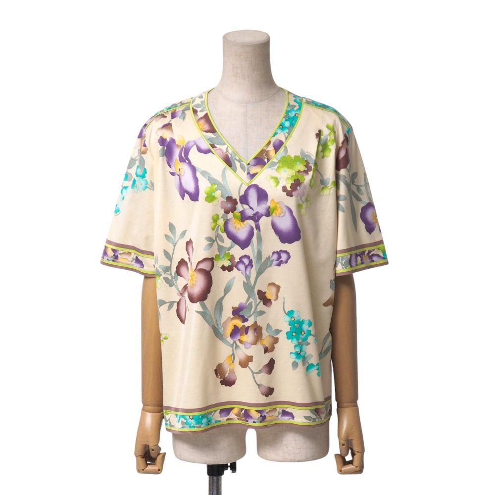 LEONARD レオナール　半袖カットソー　花柄 Vネック　日本製　サイズ L □美品□LEONARD レオナール カットソー サイズLL 花 総柄 半袖