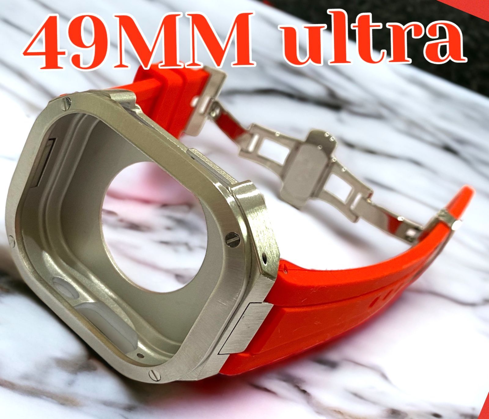 レッド×フルシルバーケース 49mm apple watch ultraアップルウォッチラバーメタルカバーセット ウルトラ 49ミリ用 カスタム