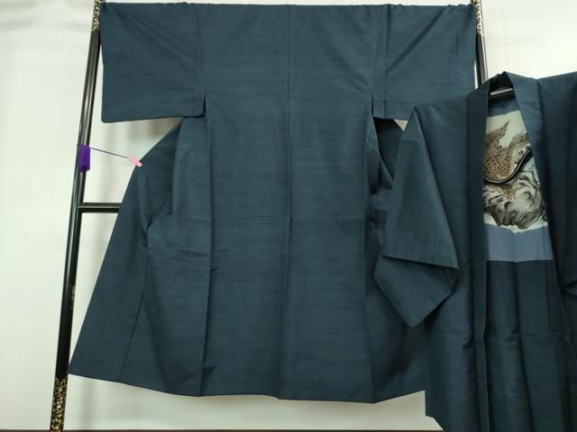 平和屋着物 上 男性 紬 アンサンブル 長羽織 色無地 藍鉄色 羽裏 鷹 DZAA8534kh5
