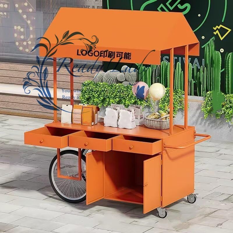 キッチンカート 屋台ブース キャスター|ストッパー|テント付き 屋台車 屋台セット キッチンワゴン 収納カート 陳列台 販売台 移動便利 テイクアウト|出店|移動販売など適用 オレンジ-引き出し付き 長さ120*奥行き70*高さ200cm