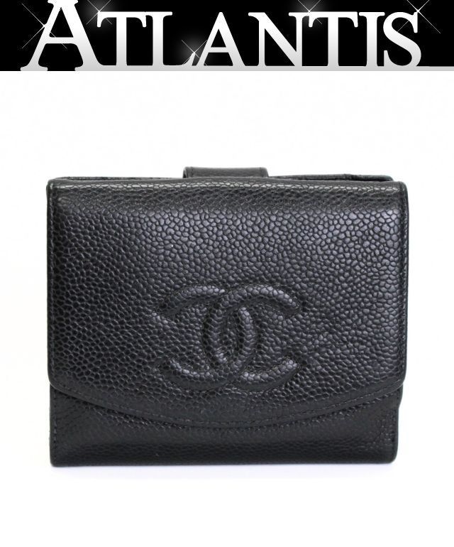 シャネル CHANEL ココマーク Wホック 三つ折り 財布 ウォレット キャビア 黒 10番台 71929
