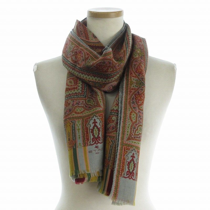 エトロ ETRO 美品 スカーフ ストール シルク混 ペイズリー柄 総柄 茶